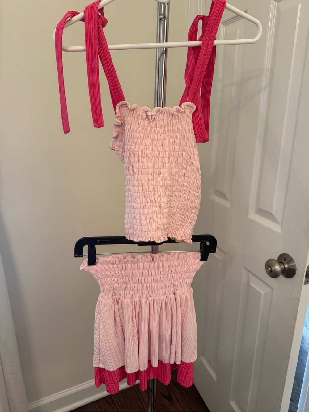 HOUSE OF WALLACE -  Smocked Two-Piece Set in Light Pink with Hot Pink Ties